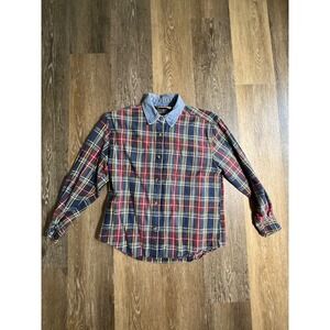Erika Casuals Plaid Button Down Womens PL Multicolor Excellent Denim Collar